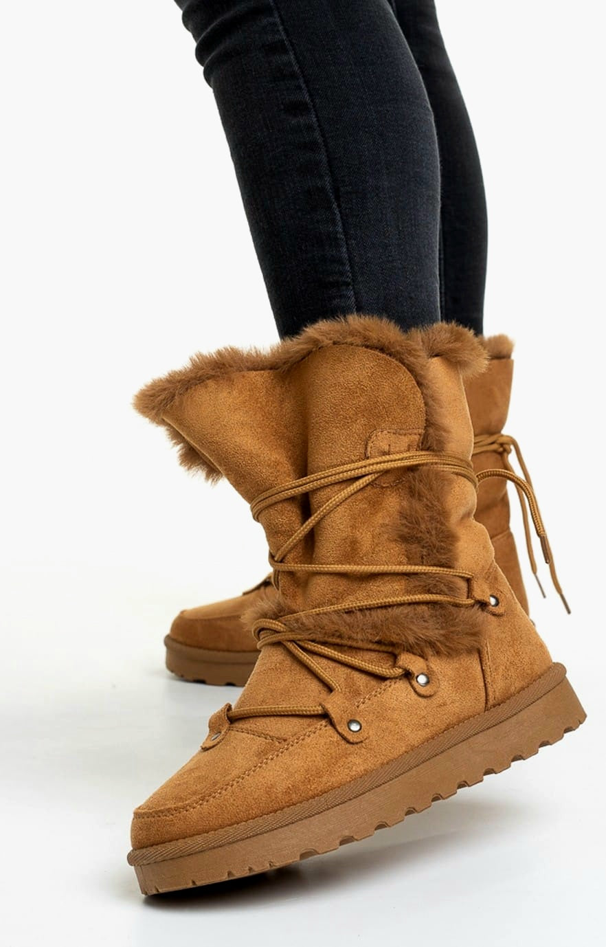 Botas camel de invierno para mujer con forro de pelo, diseño tipo ante y suela plana antideslizante.