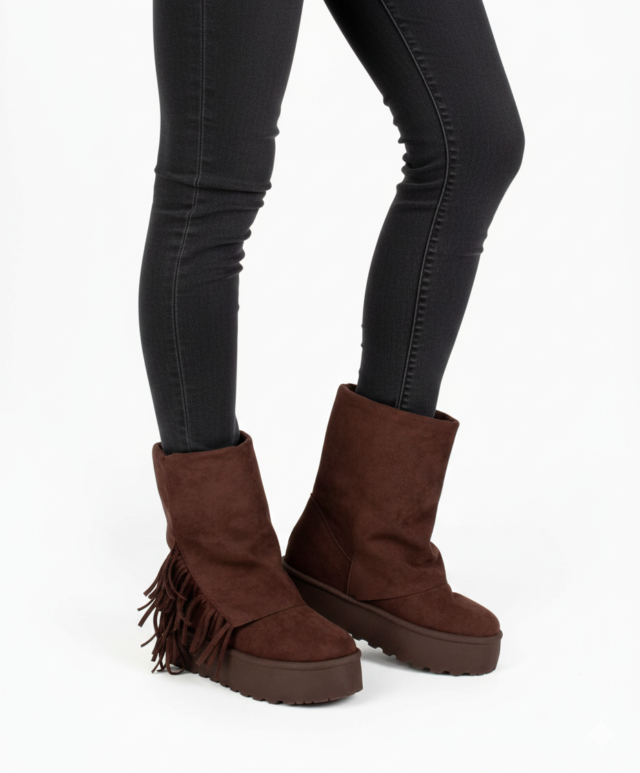 Botas marrones de plataforma para mujer con acabado tipo ante y detalles de flecos laterales.