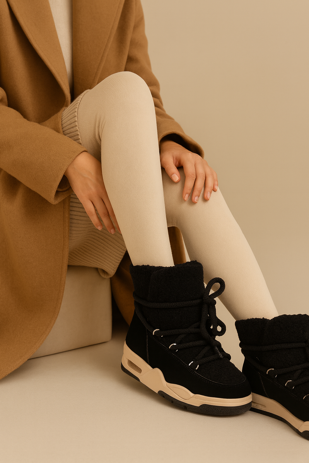 Botas negras Urban WarmLine para mujer con diseño cálido, suela beige y cordones gruesos.