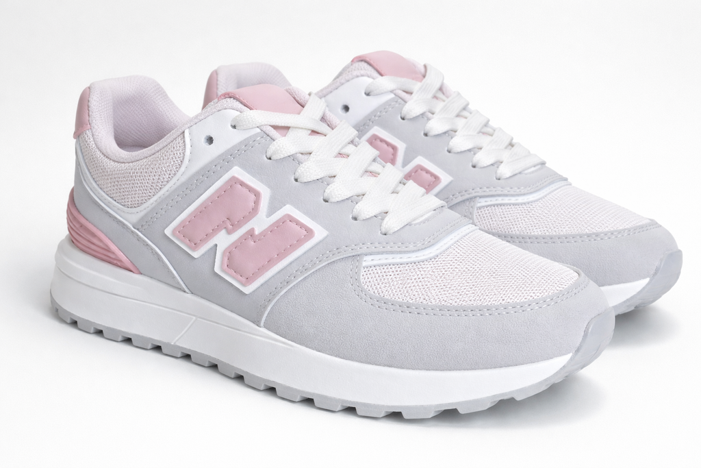 Zapatillas Mujer Gris y Rosa con Detalle N – Deportivas Casual Cómodas