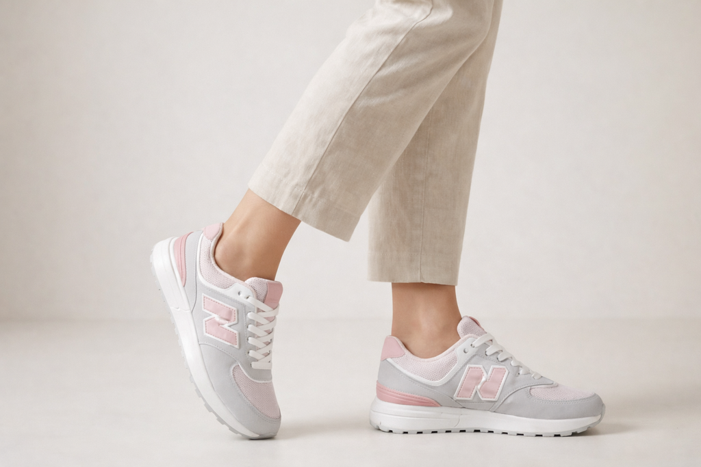 Zapatillas Mujer Gris y Rosa con Detalle N – Deportivas Casual Cómodas
