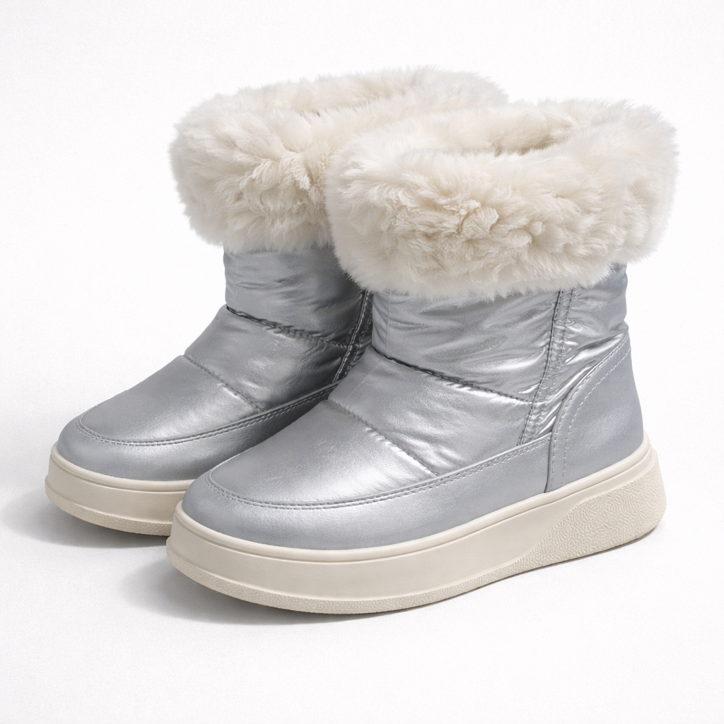 Botas de invierno tipo après-ski plateadas metalizadas con cuello de pelo blanco y suela antideslizante