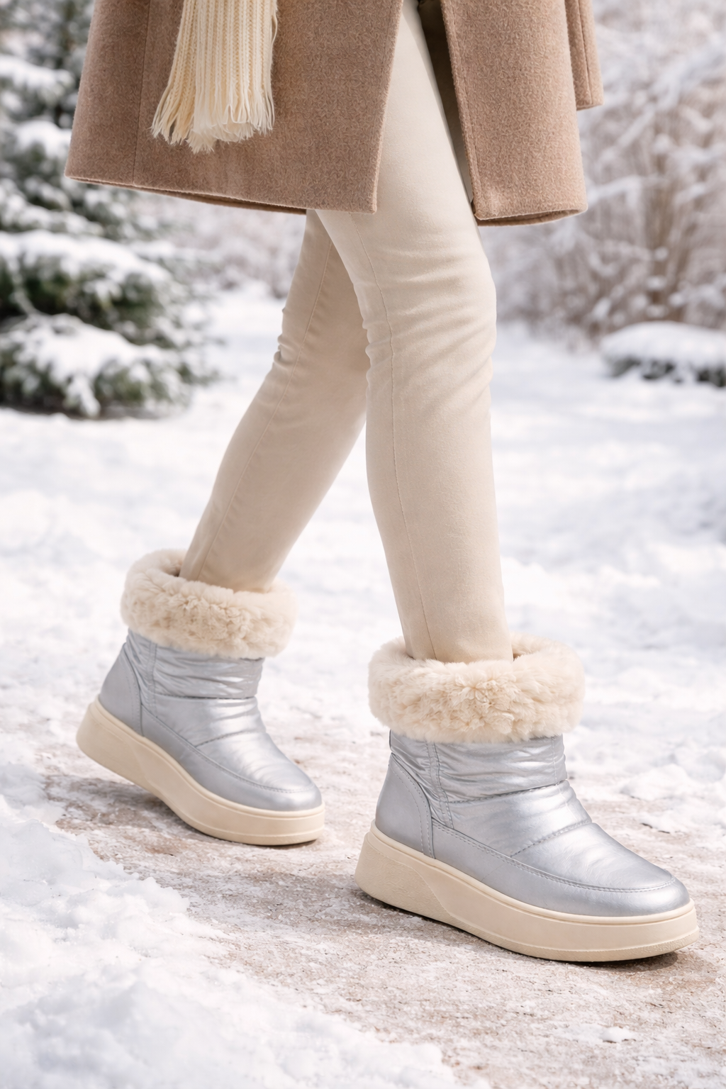 Botas de invierno tipo après-ski plateadas metalizadas con cuello de pelo blanco y suela antideslizante