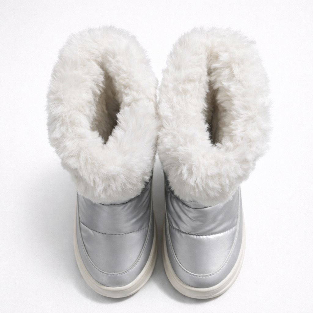 Botas de invierno tipo après-ski plateadas metalizadas con cuello de pelo blanco y suela antideslizante
