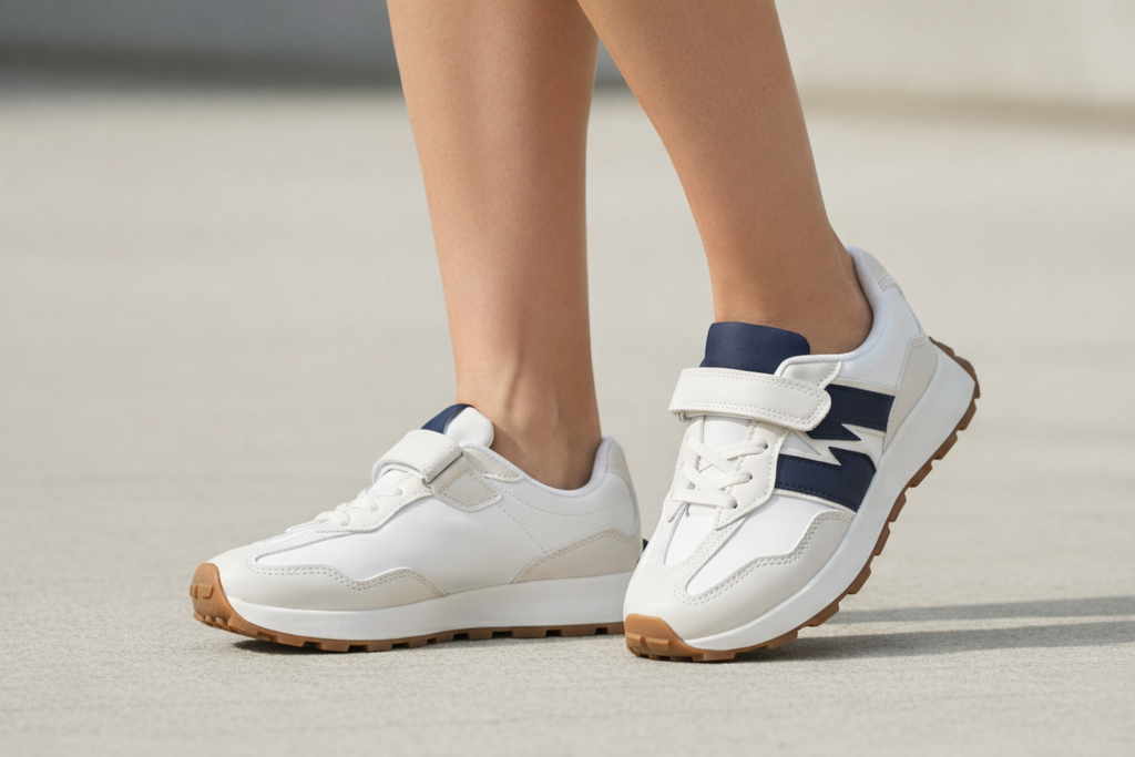 Zapatillas deportivas para niño blancas con velcro, cordones elásticos, suela antideslizante y detalle azul marino