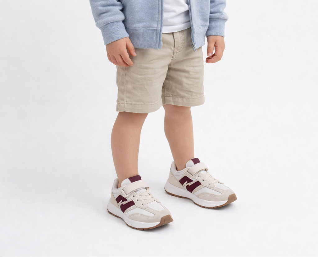 Zapatillas deportivas de niño blancas con velcro, cordones elásticos, suela antideslizante y detalle granate