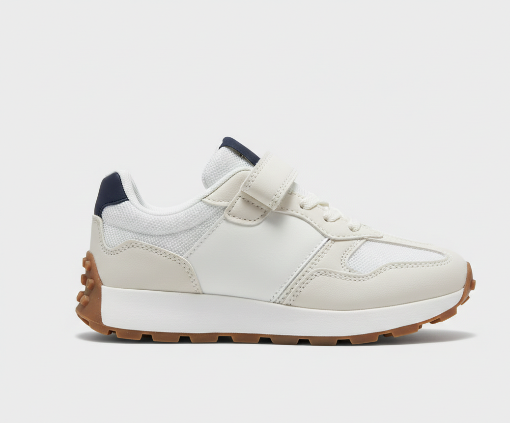 Zapatillas deportivas para niño blancas con velcro, cordones elásticos, suela antideslizante y detalle azul marino