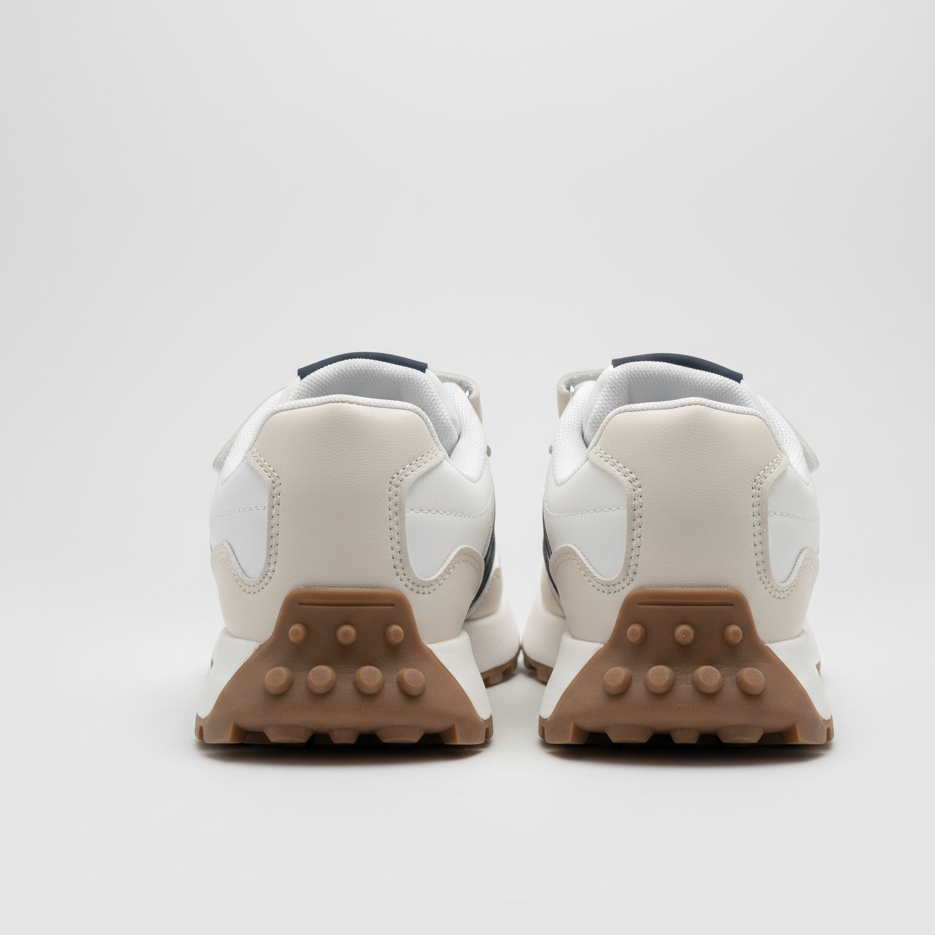 Zapatillas deportivas para niño blancas con velcro, cordones elásticos, suela antideslizante y detalle azul marino