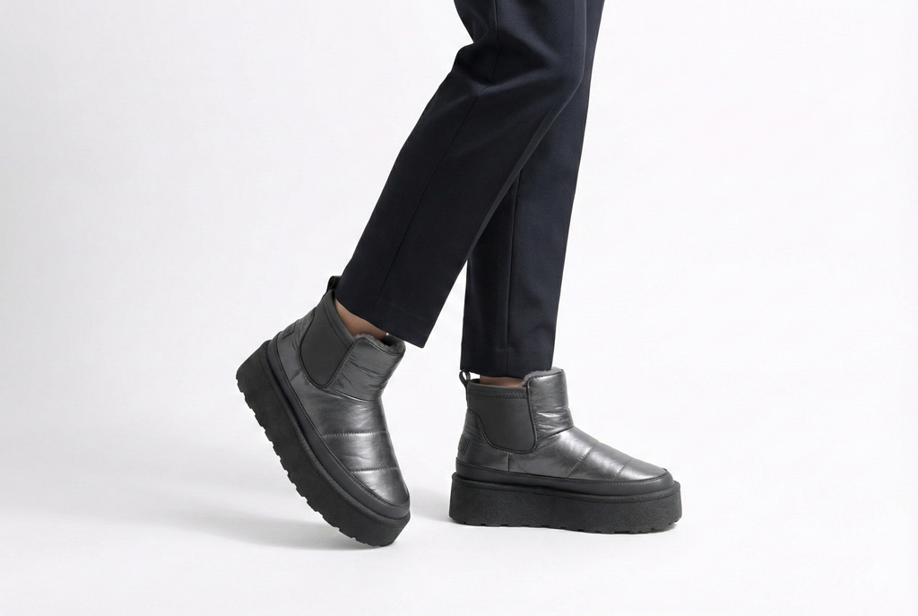 Botines de invierno impermeables negros acolchados con plataforma, suela antideslizante y forro cálido