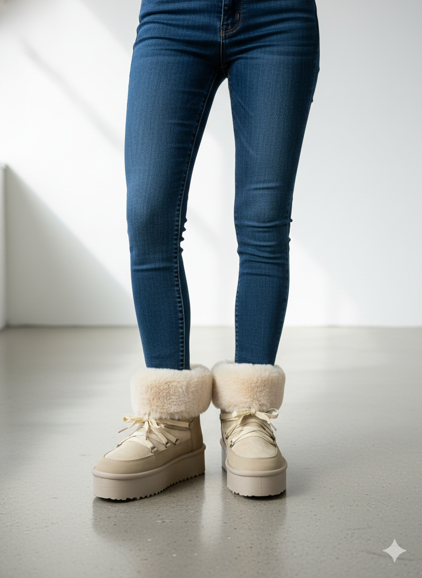 bota de invierno de chica y peluche en su interior 